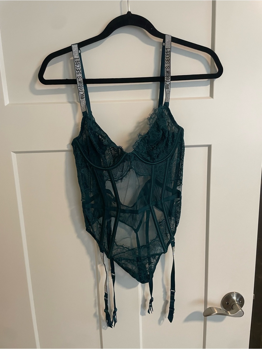 Victoria's Secret Teal Lace Bustier Bodysuit with Garter Straps
